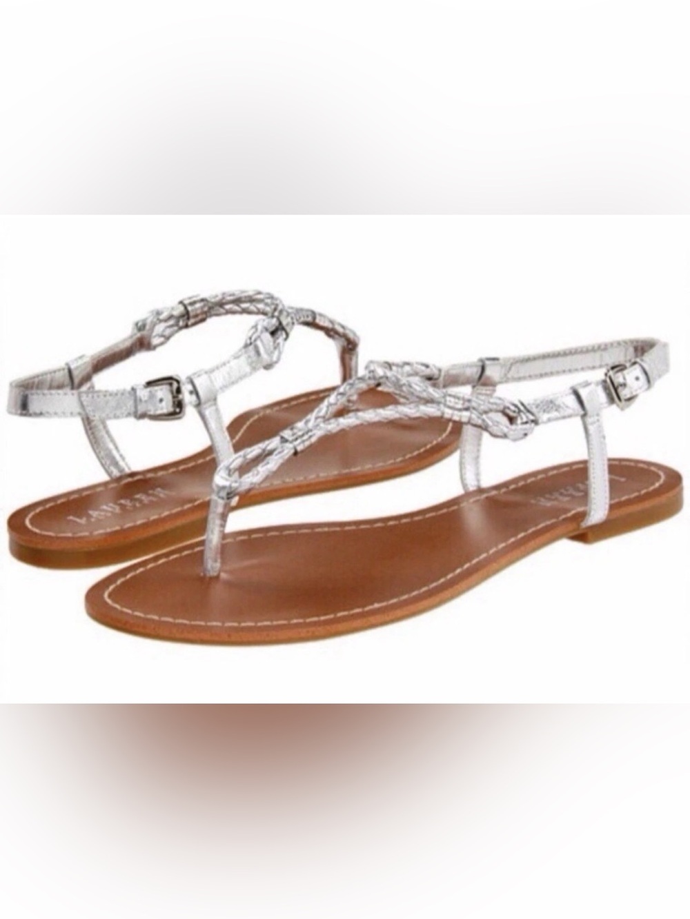 Lauren Ralph Lauren Silver Braided T-Strap Sandals
